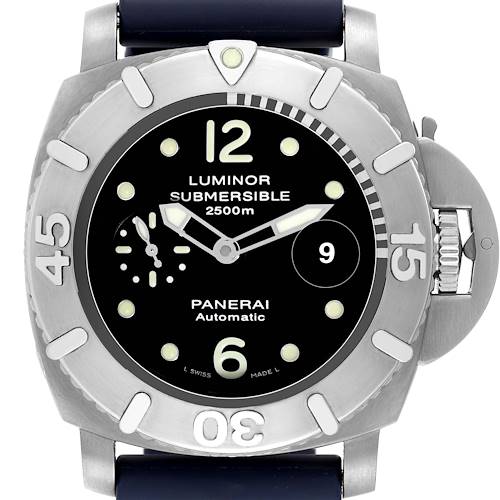 The image shows a front view of the Panerai Submersible PAM00285 Men's Titanium Black Dial PAM00285 Men's Titanium Black Dial watch, highlighting its dial, bezel, and crown guard.
