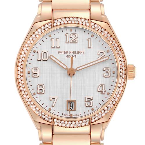 The Patek Philippe Twenty-4 7300/1200R-010 Women's Rose Gold Silver Dial watch is shown from the front, displaying the dial, hands, and diamond-set bezel.