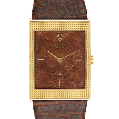 This is a front view of the Rolex Cellini 4127 Men's Yellow Gold Brown Dial 4127 Men's Yellow Gold Brown Dial watch, showing the brown textured dial, gold case, and brown leather strap.