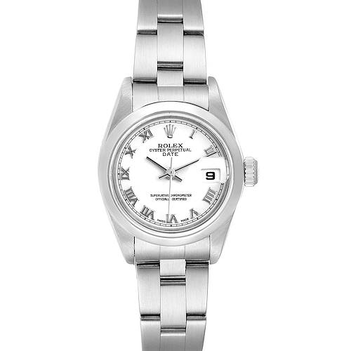 The Rolex Date 79160 Women's Stainless Steel White Dial 79160 Women's Stainless Steel White Dial watch is shown from a top-down angle, displaying the face, bezel, and part of the bracelet.