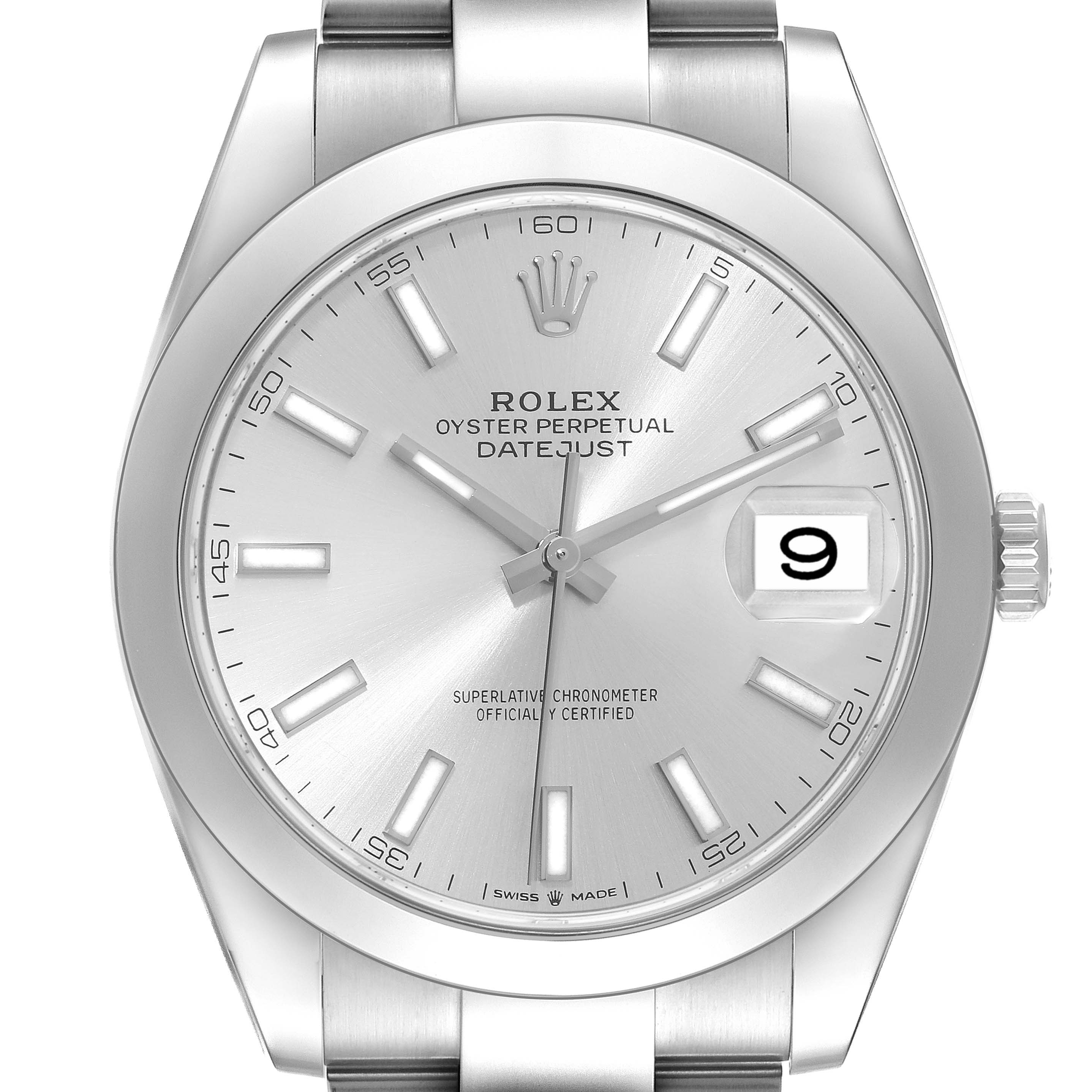 This image shows the dial, bezel, and part of the bracelet of the Rolex Datejust 41 126300 Men's Stainless Steel Silver Dial 126300 Men's Stainless Steel Silver Dial model, viewed from a front and center angle.