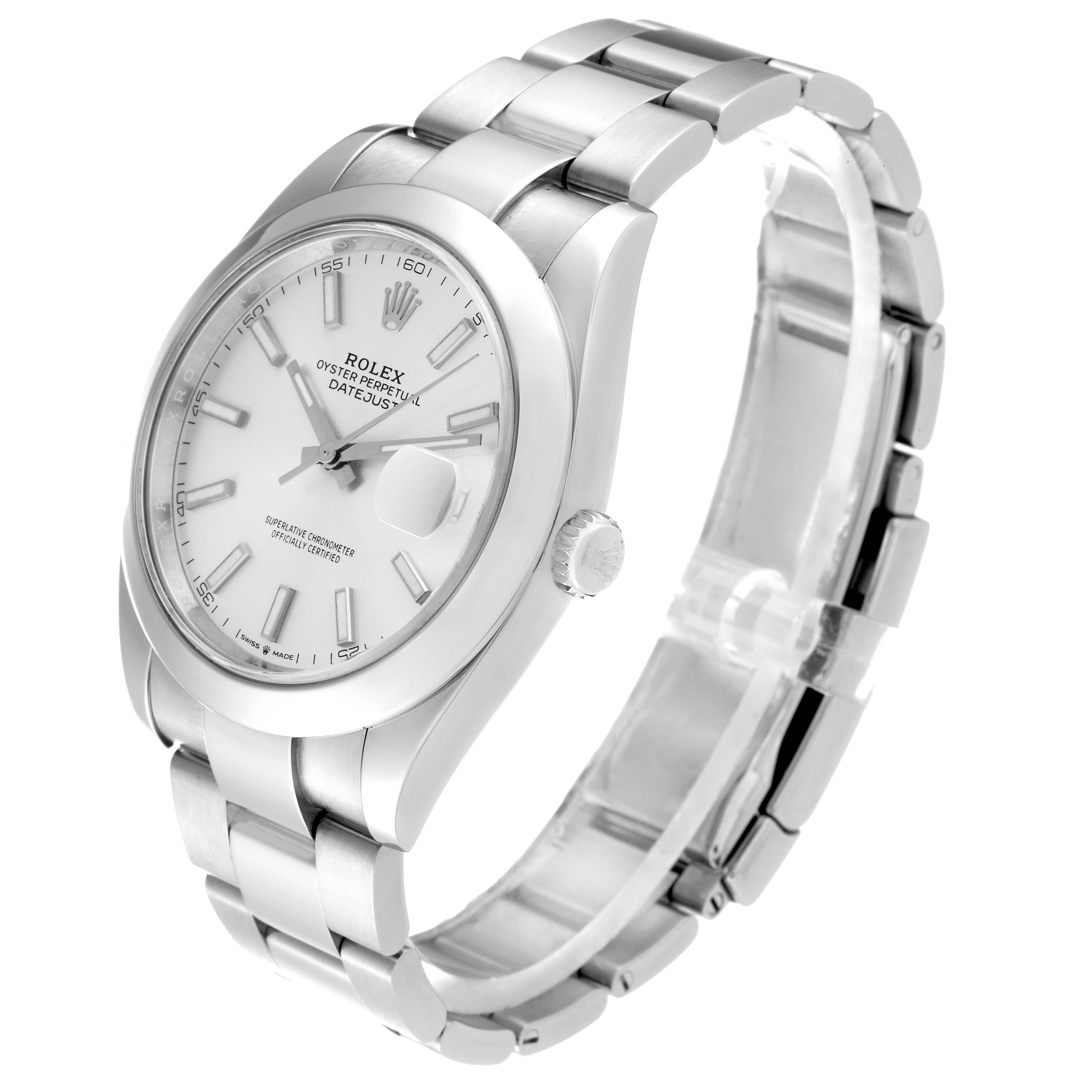 This image shows a Rolex Datejust 41 126300 Men's Stainless Steel Silver Dial 126300 Men's Stainless Steel Silver Dial watch at a three-quarter angle, highlighting the face, case, and bracelet.