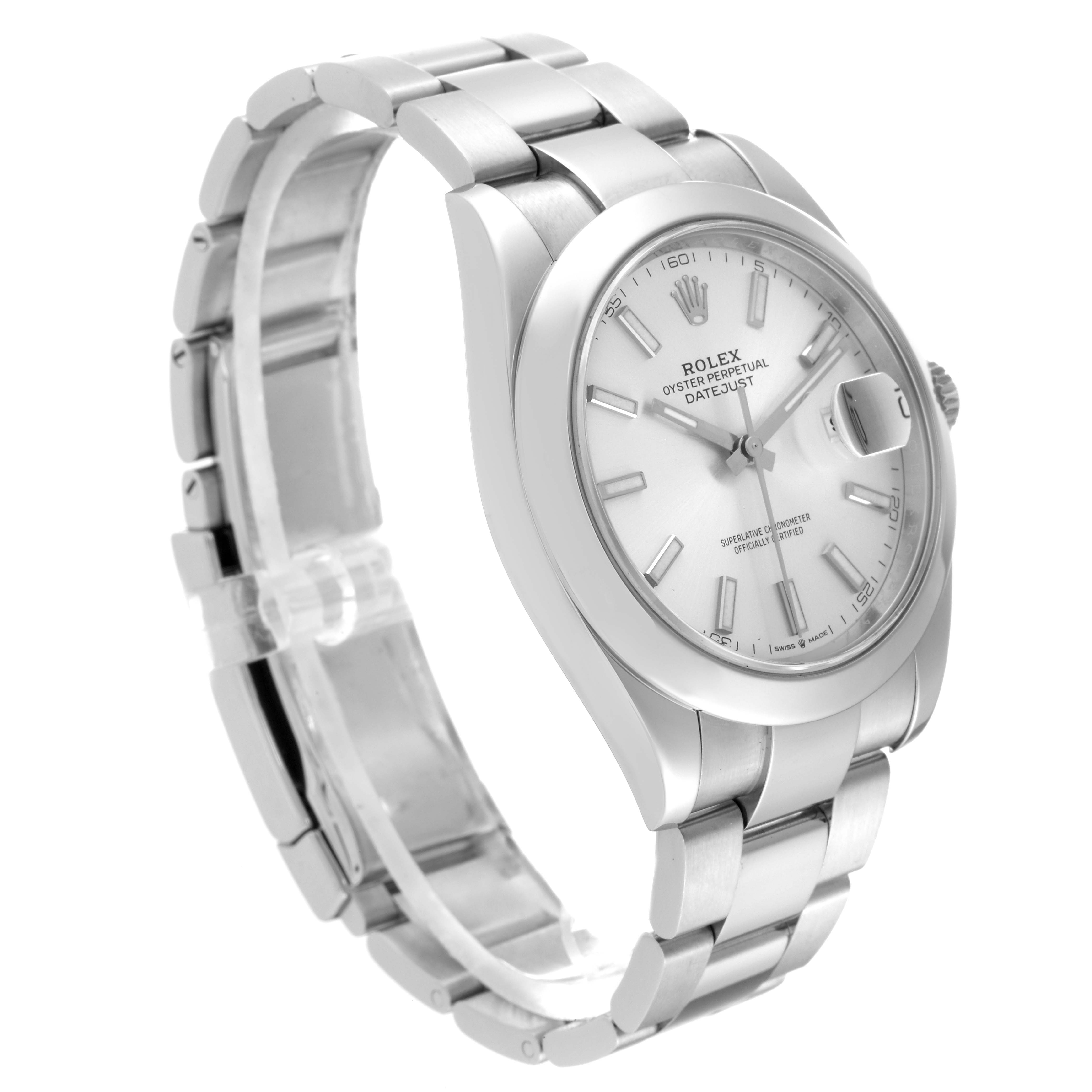The image shows a Rolex Datejust 41 126300 Men's Stainless Steel Silver Dial 126300 Men's Stainless Steel Silver Dial watch from a front-left angle, highlighting the dial, bracelet, and clasp.