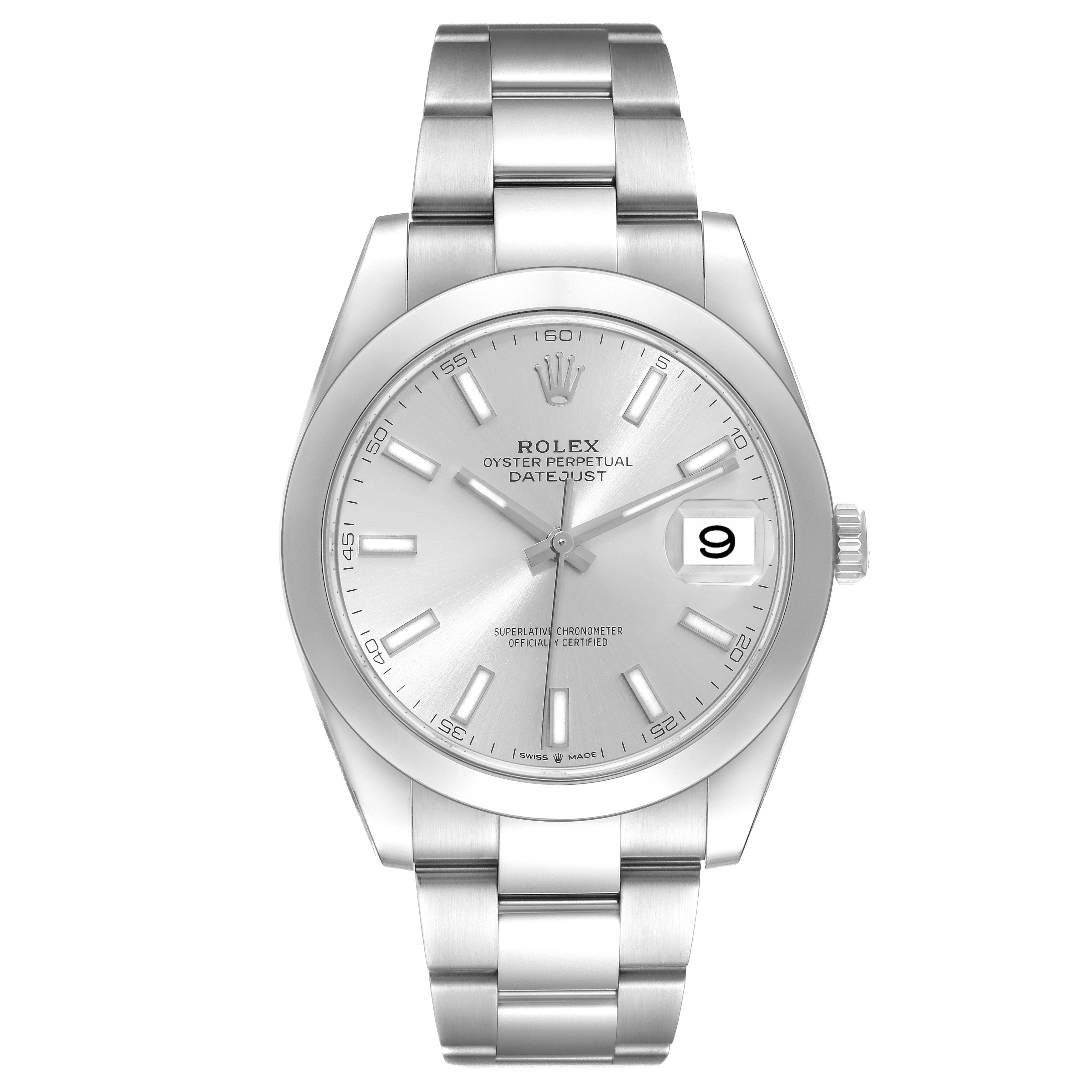 This image shows a frontal view of the Rolex Datejust 41 126300 Men's Stainless Steel Silver Dial 126300 Men's Stainless Steel Silver Dial watch, highlighting its dial, bezel, bracelet, and date window.