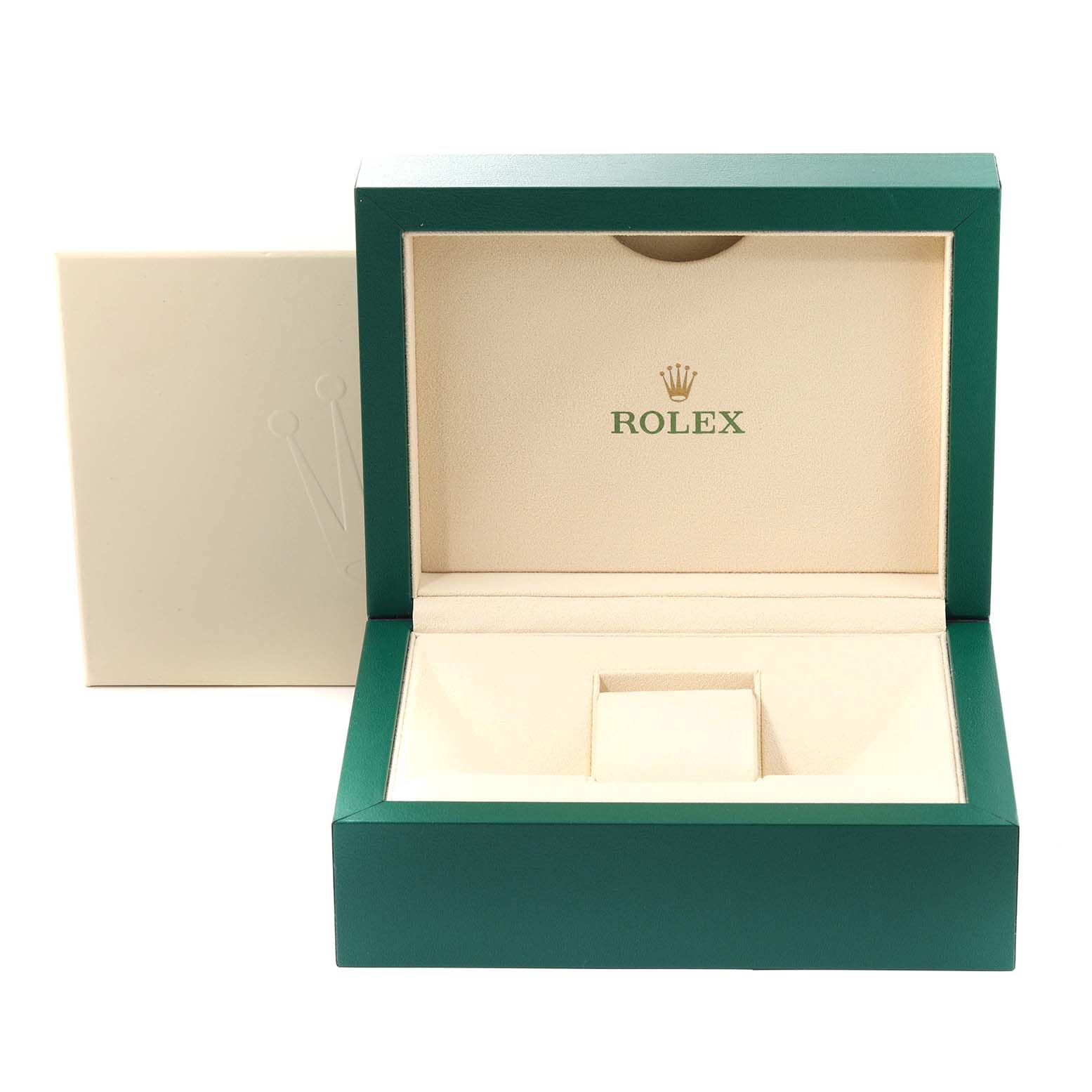 This image shows an open green and cream Rolex Datejust 41 126300 Men's Stainless Steel Silver Dial 126300 Men's Stainless Steel Silver Dial watch box, viewed from the front.