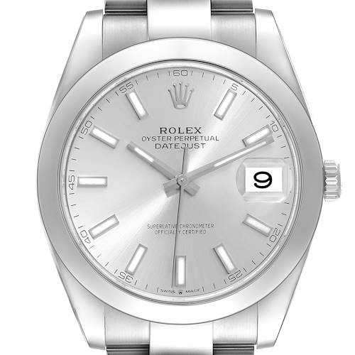 The image shows a Rolex Datejust 41 126300 Men's Stainless Steel Silver Dial 126300 Men's Stainless Steel Silver Dial watch from a front angle, displaying the dial, case, bracelet, and crown.