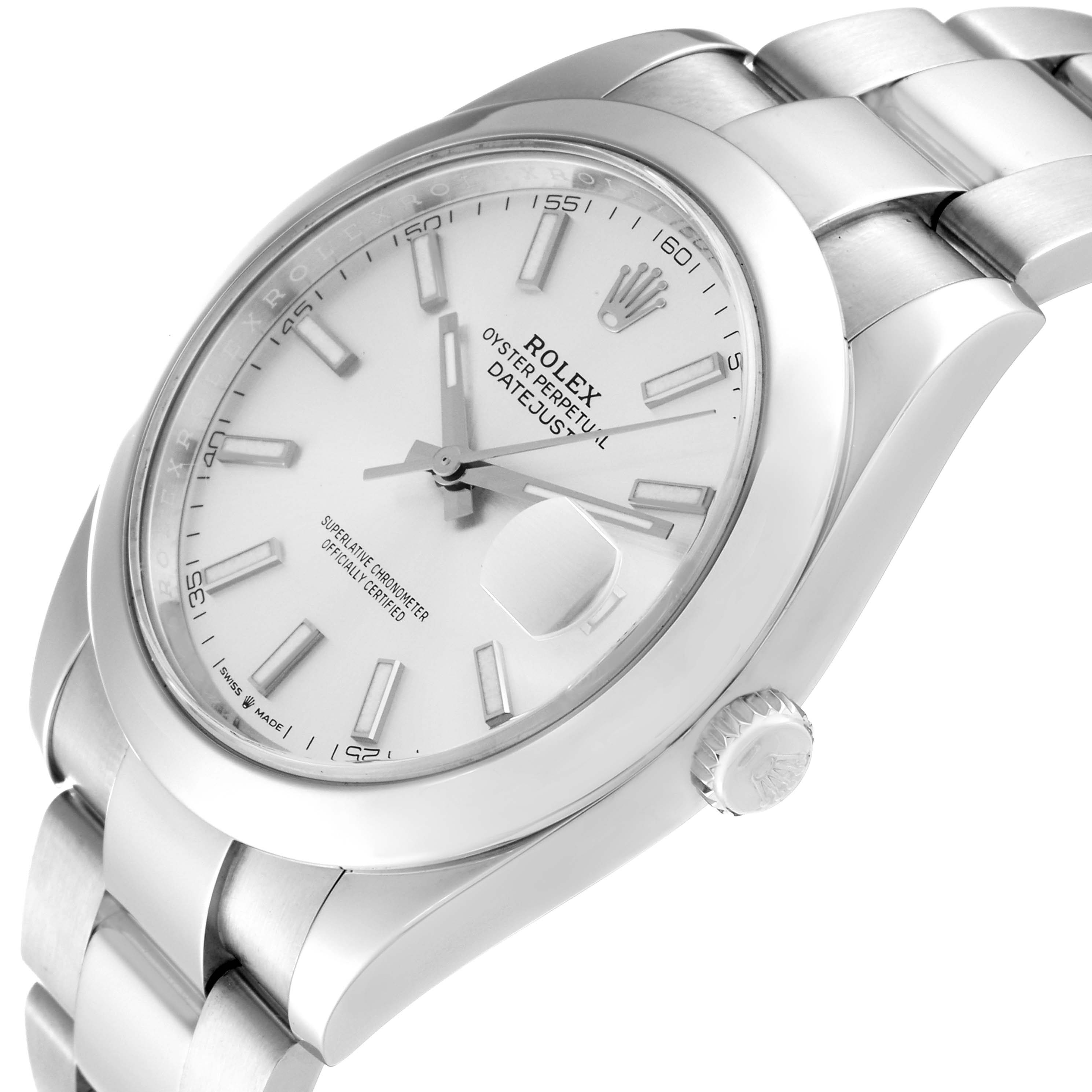 The image shows a Rolex Datejust 41 126300 Men's Stainless Steel Silver Dial 126300 Men's Stainless Steel Silver Dial watch from an angled side view, highlighting the dial, bezel, crown, and part of the bracelet.
