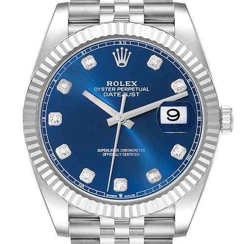 The image shows a frontal view of the Rolex Datejust 41 126334 Men's Stainless Steel Blue Dial 126334 Men's Stainless Steel Blue Dial watch featuring a blue dial, diamond hour markers, and a stainless steel bracelet.