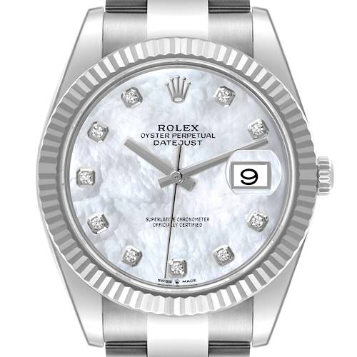 The image shows a Rolex Datejust 41, model 126334NG, from a front angle highlighting its diamond hour markers, fluted bezel, and the date window at 3 o'clock.