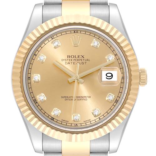 This image shows a close-up of the Rolex Datejust 41 116333 Men's Steel and Gold (two tone) Champagne Dial 116333 Men's Steel and Gold (two tone) Champagne Dial watch face, highlighting its gold dial and fluted bezel.
