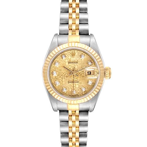 The image shows a frontal view of a Rolex Datejust 69173 Women's Steel and Gold (two tone) Champagne Dial 69173 Women's Steel and Gold (two tone) Champagne Dial watch with a gold and silver bracelet, gold dial, and date display.