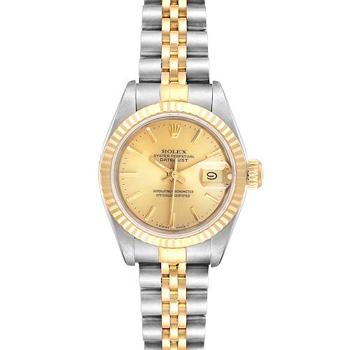 The image shows a front view of a Rolex Datejust 69173 Women's Steel and Gold (two tone) Champagne Dial 69173 Women's Steel and Gold (two tone) Champagne Dial watch with a two-tone bracelet and a gold dial.