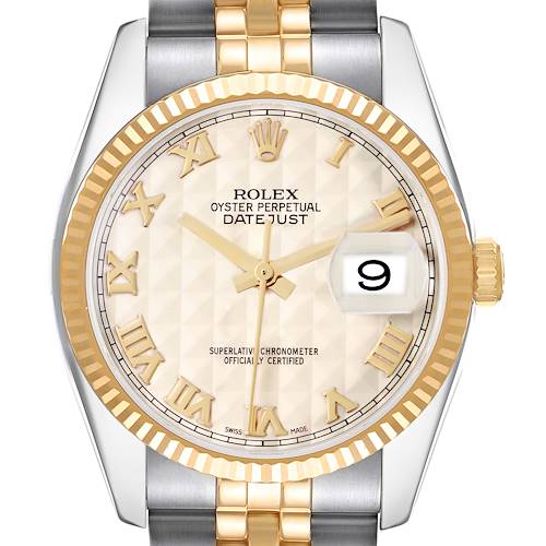 The image shows a front view of the Rolex Datejust model 116233 men's watch, highlighting its face, gold bezel, cyclops lens over the date, and part of the bracelet.