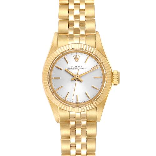 The image shows a front view of a Rolex Oyster Perpetual 6719 Women's Yellow Gold Silver Dial 6719 Women's Yellow Gold Silver Dial watch with a gold bracelet and a silver dial.