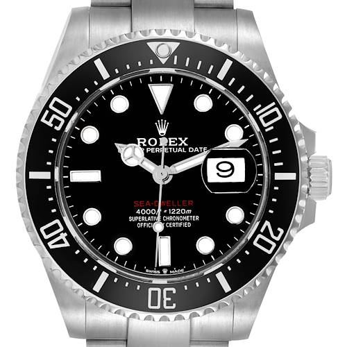 The image shows a frontal view of the Rolex Sea-Dweller model 126600, highlighting the dial, bezel, crown, and part of the bracelet.
