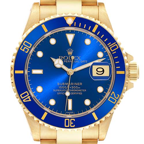 This image shows a front view of a Rolex Submariner 16618 Men's Yellow Gold Blue Dial 16618 Men's Yellow Gold Blue Dial watch with a blue dial and bezel on a gold bracelet.