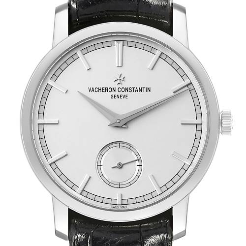 The image shows a frontal view of the Vacheron Constantin Traditionnelle 82172/000G Men's White Gold Silver Dial 82172/000G Men's White Gold Silver Dial watch, highlighting the dial, hands, and crown.