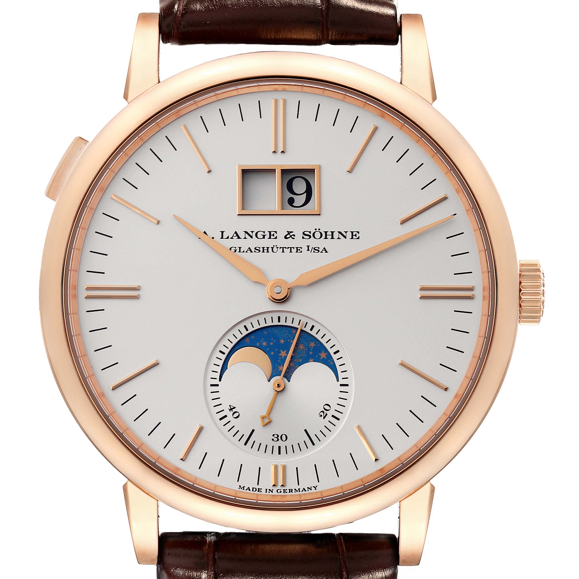 The image shows the face of the A. Lange & Sohne Saxonia 384.032 Men's Rose Gold Silver Dial watch, featuring the time, date, and moon phase indicators.