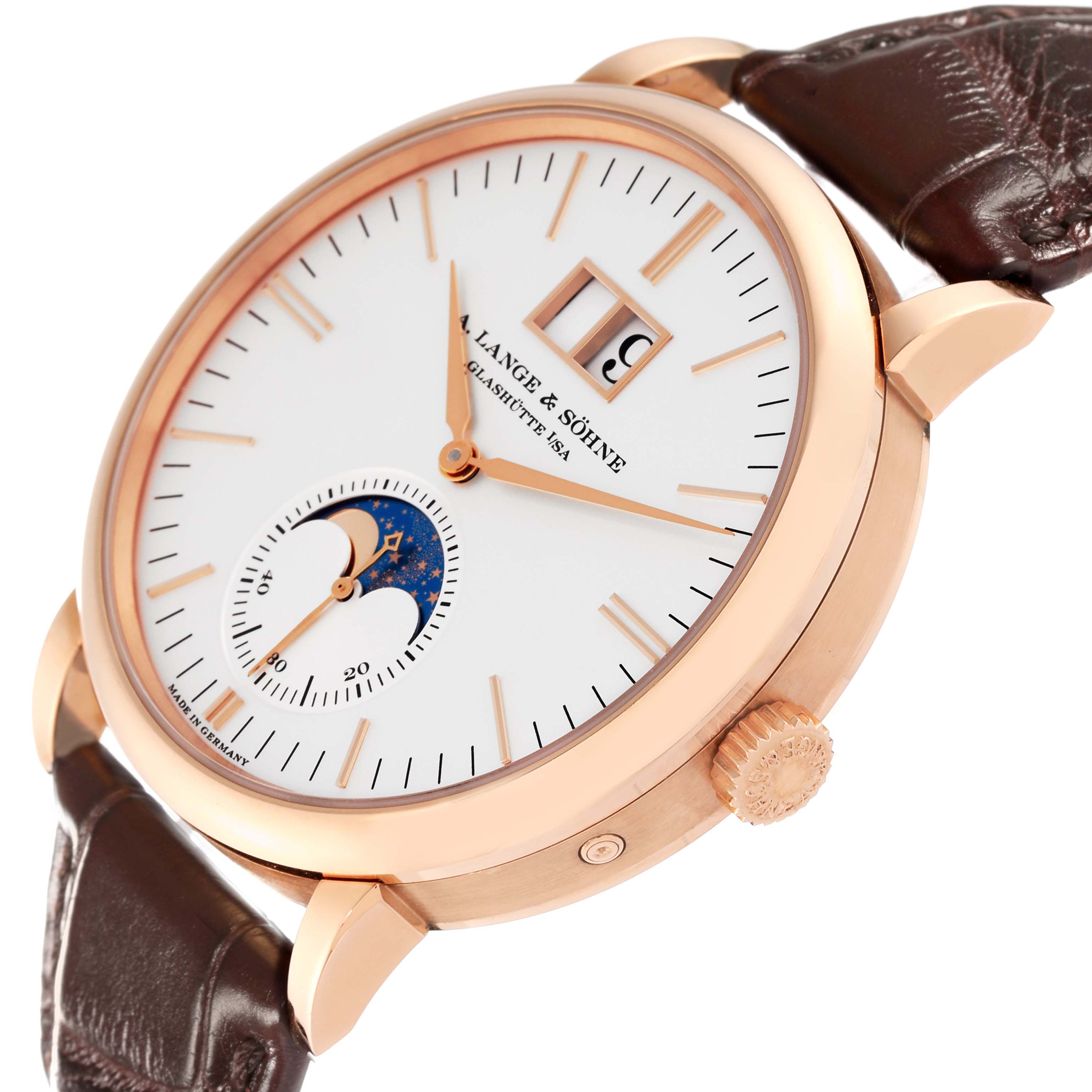 Angled side view of the A. Lange & Sohne Saxonia 384.032 Men's Rose Gold Silver Dial watch displaying the dial, moon phase, crown, and leather strap.
