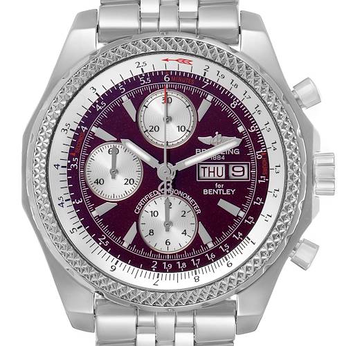 The Breitling Bentley A13362 Men's Stainless Steel Red Dial watch is shown from a front angle, highlighting the dial, subdials, bezel, and part of the bracelet.