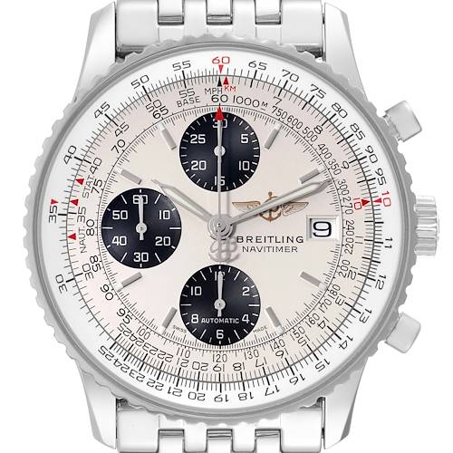 The Breitling Navitimer A13324 Men's Stainless Steel Silver Dial A13324 Men's Stainless Steel Silver Dial watch is shown from the front, displaying the dial, chronograph subdials, bezel, and part of the bracelet.