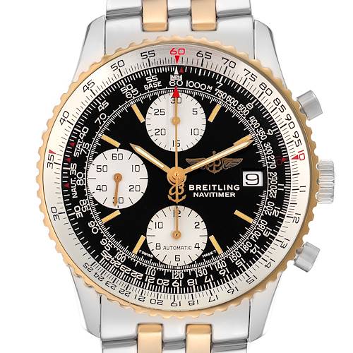The Breitling Navitimer D13022 Men's Steel and Gold (two tone) Black Dial watch is shown from a front angle, highlighting its face, bezel, and part of the metal bracelet.