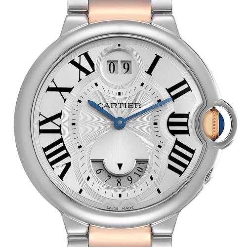 The image shows a front view of the Cartier Ballon Bleu W6920027 Men's Steel and Gold (two tone) Silver Dial watch, highlighting its Roman numeral dial, blue hands, and crown with a blue cabochon.