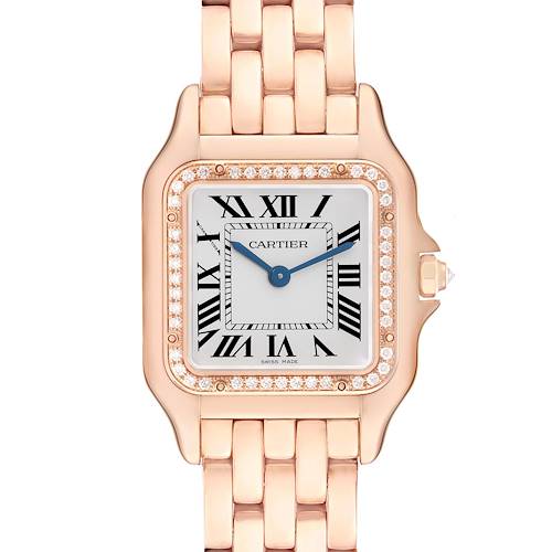 The Cartier Panthere WJPN0009 Women's Rose Gold Silver Dial watch is shown from a top-down angle, displaying the face, bezel, and part of the bracelet.