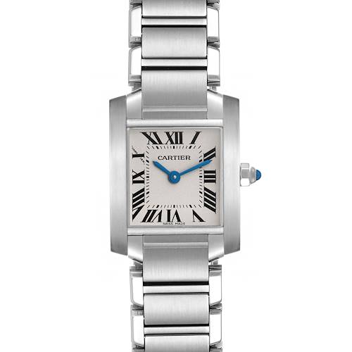 The image shows a front view of the Cartier Tank Francaise W51008Q3 Women's Stainless Steel Silver Dial W51008Q3 Women's Stainless Steel Silver Dial watch, highlighting its rectangular face, Roman numerals, and metal bracelet.