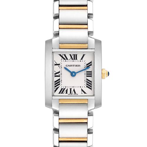 The Cartier Tank Française watch is shown from the front, displaying the face, Roman numerals, and metal bracelet.