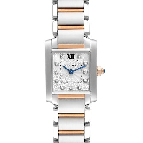 The image shows a front view of the Cartier Tank Française watch, highlighting its dial, hands, and bracelet.
