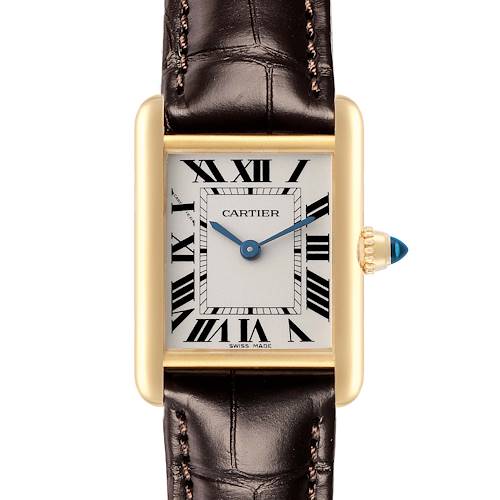 The image shows a front view of the Cartier Tank Louis W1529856 Women's Yellow Gold Silver Dial watch, highlighting its rectangular face, blue hands, and leather strap.