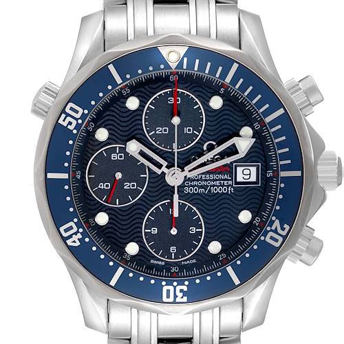 The image shows a front view of an Omega Seamaster 2225.80.00 Men's Stainless Steel Blue Dial watch, highlighting the dial and bezel details.