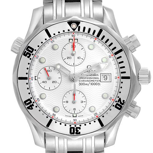 The image shows a front view of the Omega Seamaster 2598.20.00 Men's Stainless Steel White Dial watch, highlighting the dial, bezel, and chronograph features.