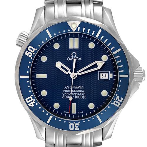 The Omega Seamaster 2531.80.00 Men's Stainless Steel Blue Dial watch is shown from the front, displaying the dial, hands, bezel, and part of the stainless steel bracelet.