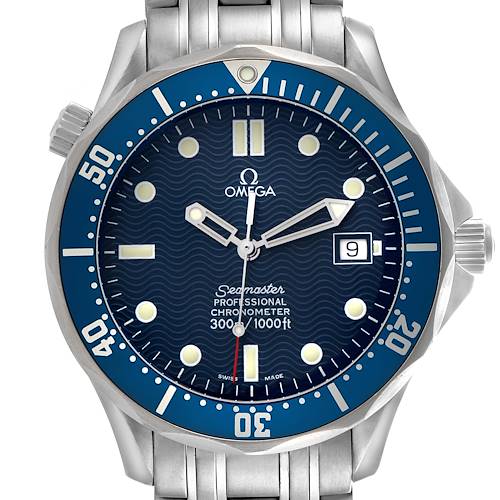 The Omega Seamaster 2531.80.00 Men's Stainless Steel Blue Dial watch is shown from a front angle, highlighting the face, bezel, and part of the bracelet.