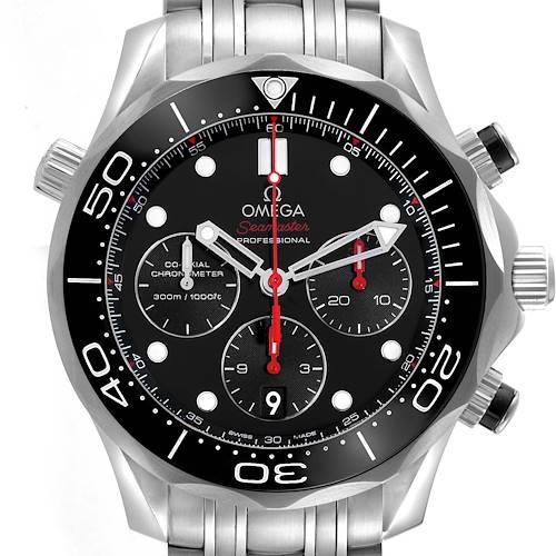 The Omega Seamaster 212.30.44.50.01.001 Men's Stainless Steel Black Dial watch is shown from a front angle, displaying its bezel, dial, subdials, and bracelet.