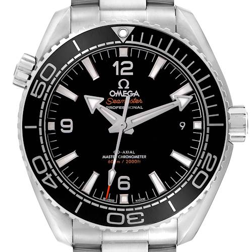The Omega Planet Ocean 215.30.44.21.01.001 Men's Stainless Steel Black Dial watch is shown from a direct front angle, highlighting the dial, bezel, and case with a visible crown.