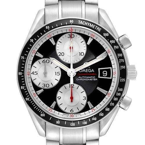 The Omega Speedmaster 3210.51.00 Men's Stainless Steel Black Dial watch is shown from the front, displaying the dial, tachymeter bezel, subdials, and date window.