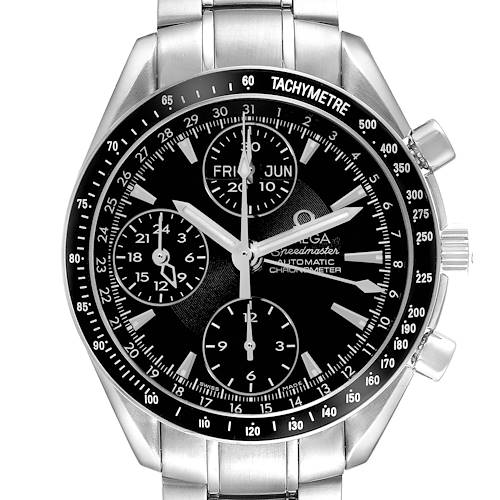The Omega Speedmaster 3220.50.00 Men's Stainless Steel Black Dial is shown from the front, displaying its dial, chronograph subdials, tachymeter bezel, and bracelet.