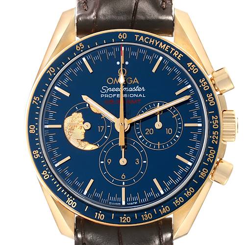 This image shows the Omega Speedmaster 311.63.42.30.03.001 Men's Yellow Gold Blue Dial 311.63.42.30.03.001 Men's Yellow Gold Blue Dial watch face, featuring a gold case, tachymeter bezel, subdials, and leather strap at a front angle.