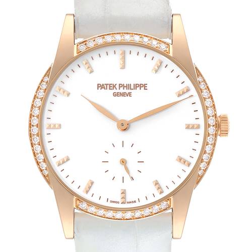 The Patek Philippe Calatrava 7122/200R Women's Rose Gold White Dial 7122/200R Women's Rose Gold White Dial watch is shown from a front angle, displaying the face, bezel with diamonds, and crown.