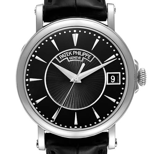 The image shows a front view of the Patek Philippe Calatrava 5153G Men's White Gold Black Dial 5153G Men's White Gold Black Dial watch, highlighting the dial, hands, indices, and crown.