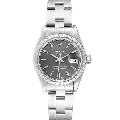 The image shows a front view of a Rolex Date 69240 Women's Stainless Steel Grey Dial 69240 Women's Stainless Steel Grey Dial model watch displaying its dial, bezel, and bracelet.