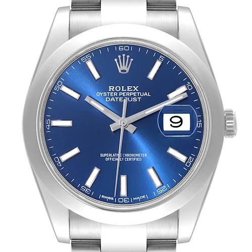 This image shows a front view of a Rolex Datejust 41 126300 Men's Stainless Steel Blue Dial 126300 Men's Stainless Steel Blue Dial watch, highlighting the blue dial, date window, and part of the bracelet.