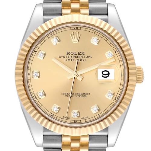 This image shows a Rolex Datejust 41 126333 Men's Steel and Gold (two tone) Champagne Dial 126333 Men's Steel and Gold (two tone) Champagne Dial watch from a frontal angle highlighting the dial, markers, bezel, and part of the bracelet.