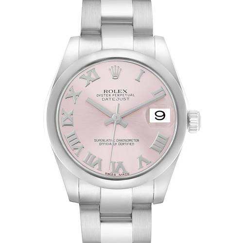 The Rolex Datejust 178240 Women's Stainless Steel Pink Dial watch is shown from the front, highlighting its pink dial, Roman numerals, and silver bracelet.