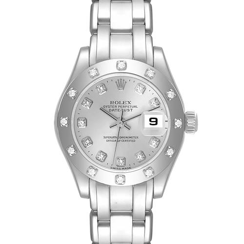 The image shows a front view of a Rolex Pearlmaster 80319 Women's White Gold Silver Dial 80319 Women's White Gold Silver Dial watch, highlighting its bracelet, dial, and bezel with diamond hour markers.