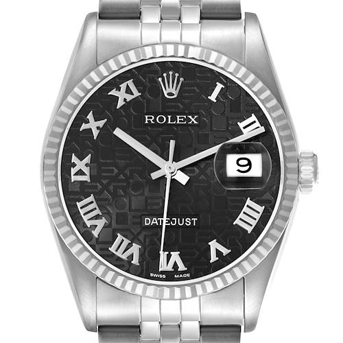 The Rolex Datejust 16234 Men's Stainless Steel Black Dial watch is shown from the front, highlighting the dial, bezel, hands, roman numerals, and date window.