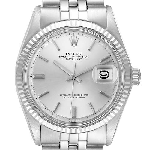 The Rolex Vintage Collection 1601 Men's Stainless Steel Silver Dial 1601 Men's Stainless Steel Silver Dial Oyster Perpetual Datejust is shown from a front angle, highlighting the dial and part of the bracelet.